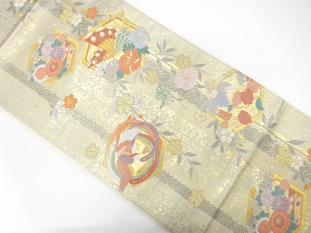 JAPANESE KIMONO / FUKURO OBI / SILK / WOVEN STRIPE & BUTTERFLY & FLOWERS